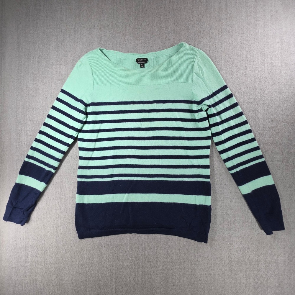 Talbots Sweater Women Medium Mint Green Striped 100% Merino Wool Boat Neck